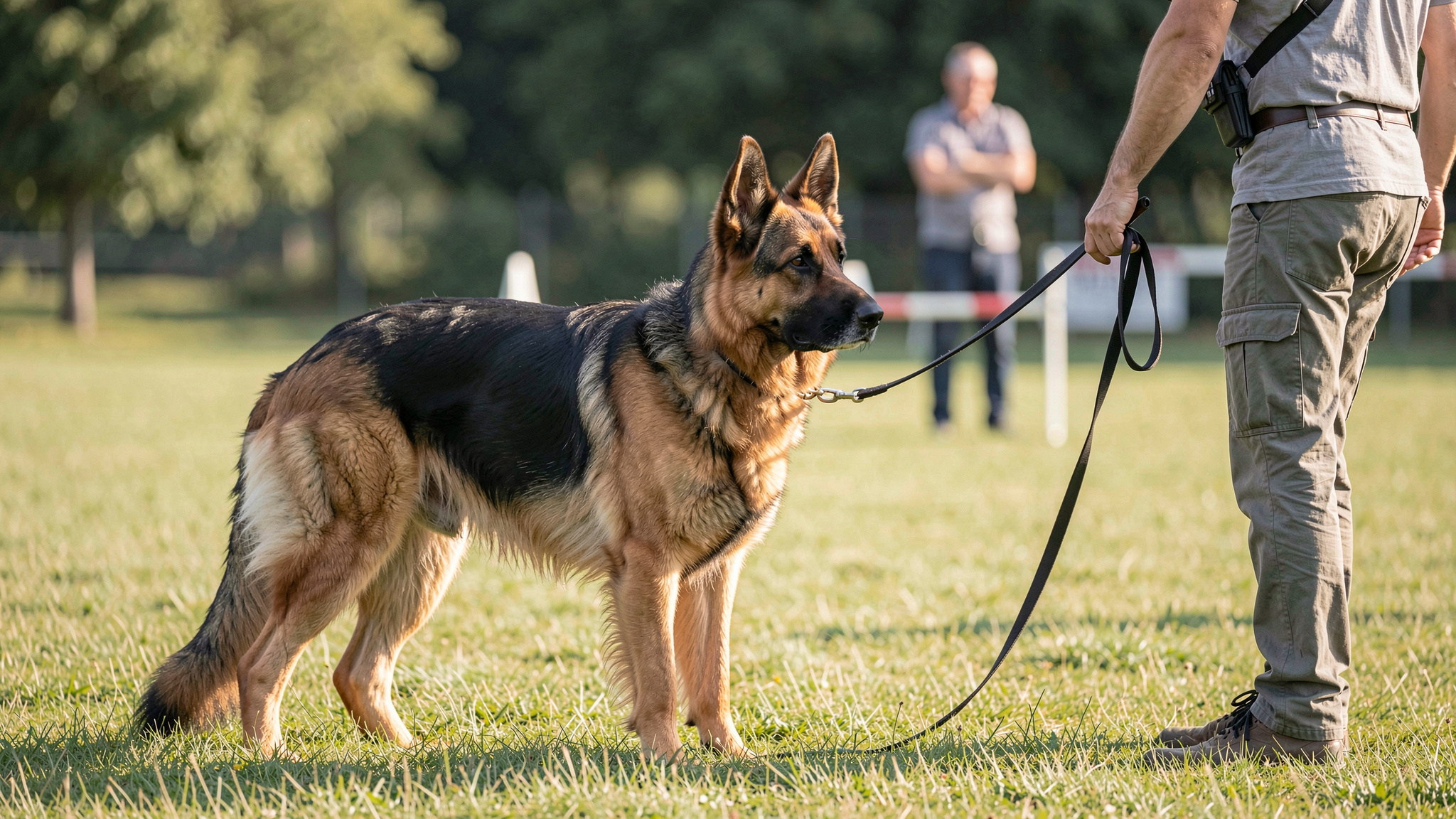 A working German Shepherd stands beside its handler on a clipped grass field at a weekend training test, lead slack, morning light from the left, medium shot with the field judge blurred in the background.'s edge, no people or dogs in frame.