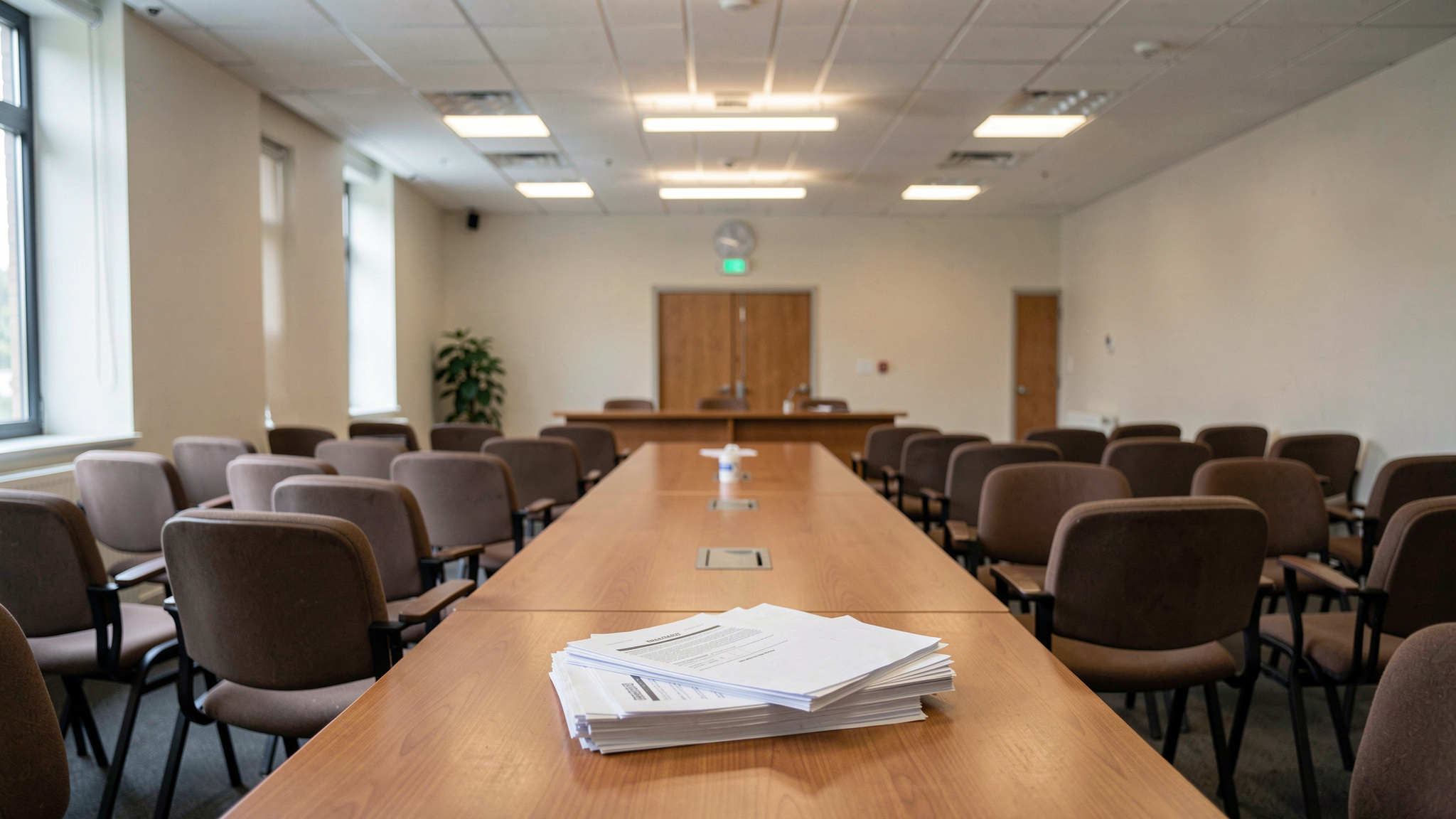 A council meeting room with rows of empty chairs, a wooden table and a stack of printed documents under fluorescent light, shot from the back of the room's edge, no people or dogs in frame.
