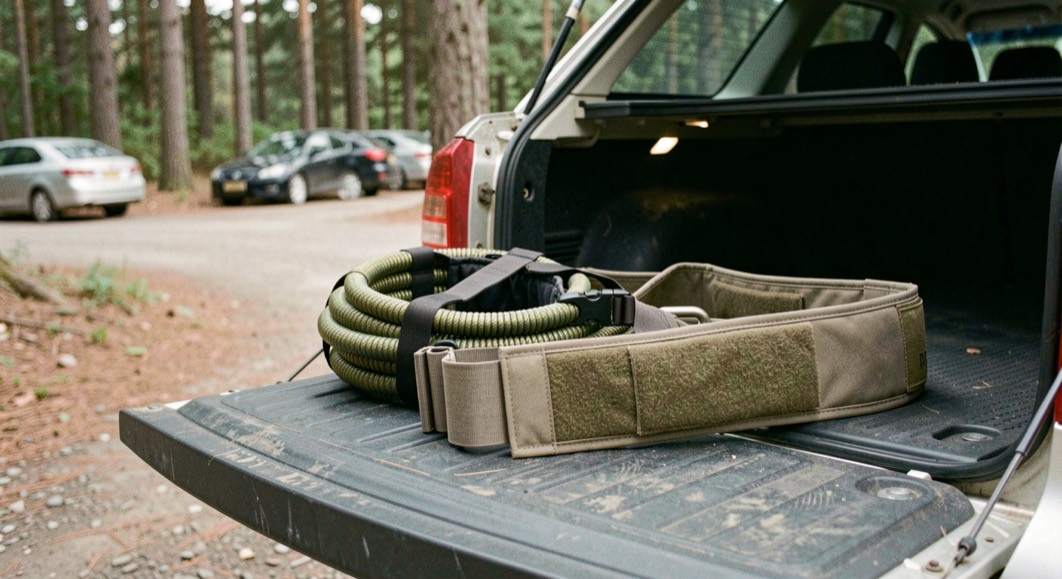 A padded pulling harness, a coiled bungee line and a wide padded waist belt laid out on the tailgate of a car in a forest car park