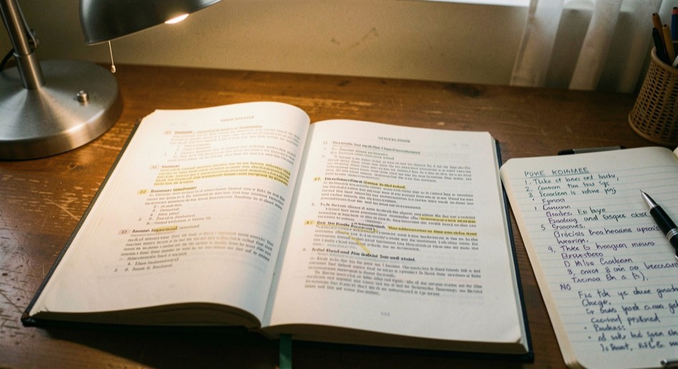 A printed rulebook open on a table under a desk lamp, passages marked with pencil, a notebook of dated references beside it