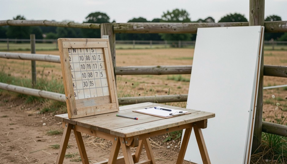A wooden score board beside a trial field, a clipboard and two pens on a trestle table, white marking panels stacked against a post and rail fence