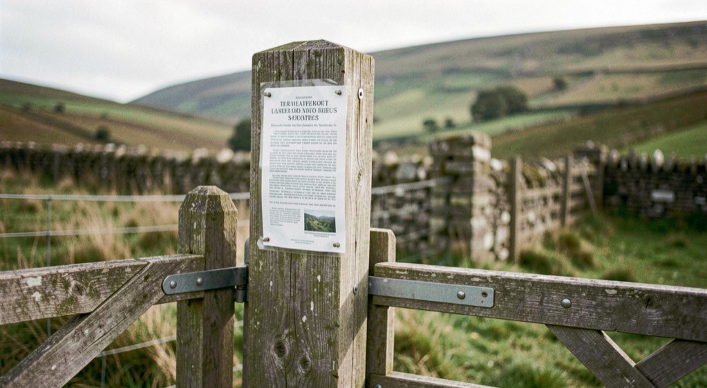 A weathered wooden gate post with a laminated notice fixed to it beside a stile, hills and a stone wall in the background