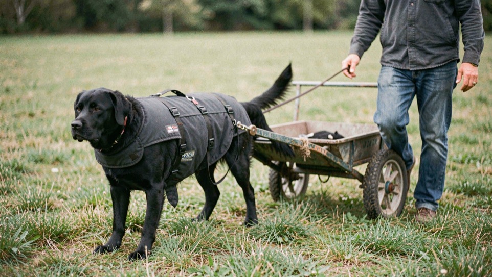 A long-haired Tervueren standing on a wet grass training field in the Saarland, early morning light, low angle, handler's legs and a line of agility jumps blurred in the background.